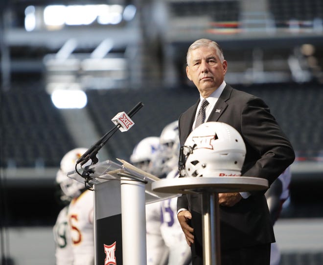 Big 12 Conference commissioner Bob Bowlsby takes the stage during last year's Big 12 football media days at AT&T Stadium in Arlington. Big 12 presidents voted Monday to have their football teams play a 10-game schedule this season consisting of nine conference games and one non-conference home game.